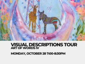 Visual Descriptions Tour Poster with painting and collage in soft pastel blues, pinks, purples, greens, and yellows featuring two zebras at the center standing on top of a crescent moon.